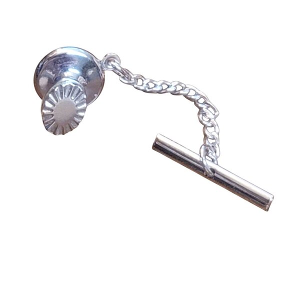 Vintage Oval Silver-Tone Tie Tack Chain Bar & Clutch Starburst like cuts edges - Picture 1 of 5